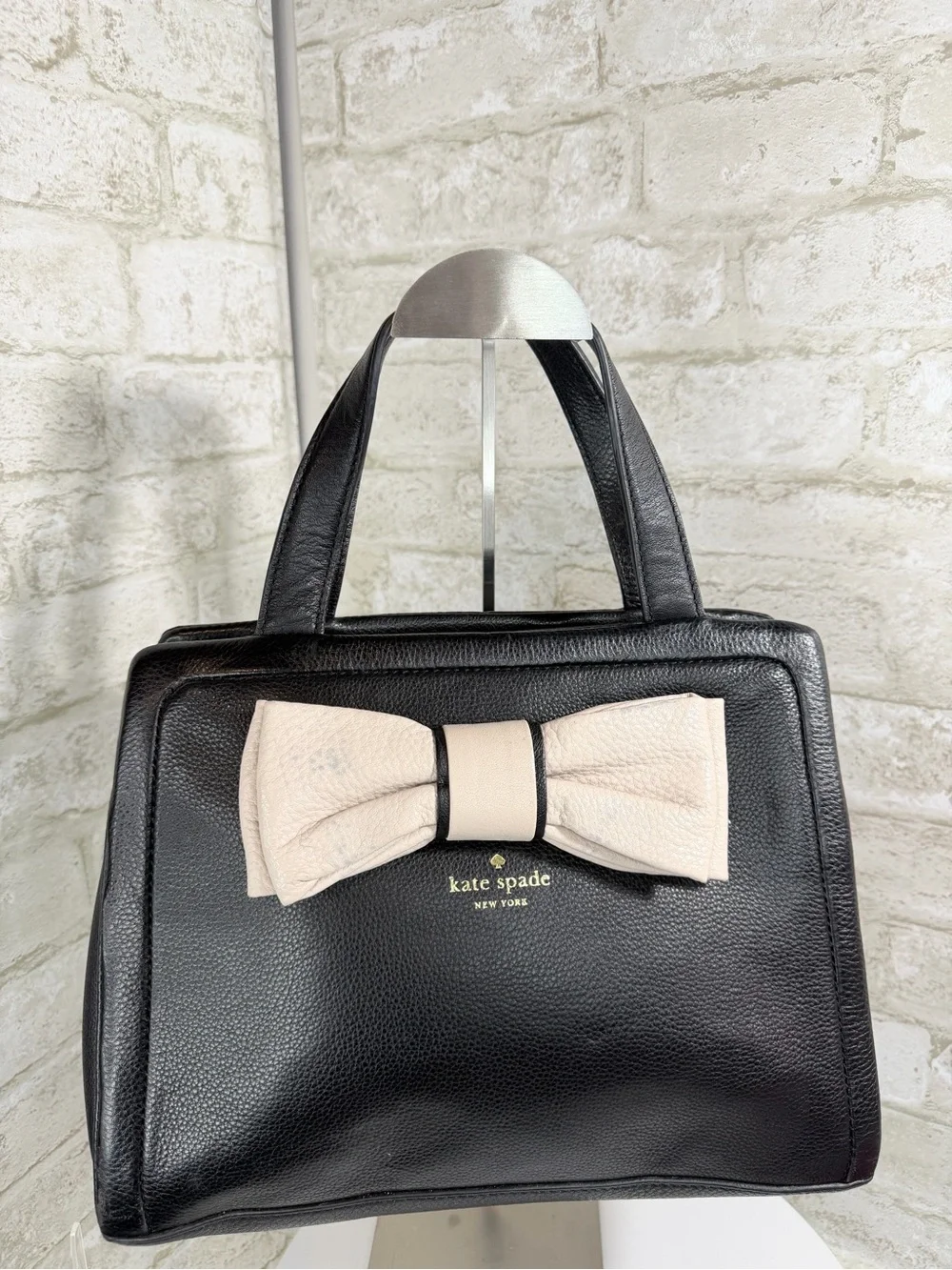 kate spade Black Leather Satchel with Cream Bow